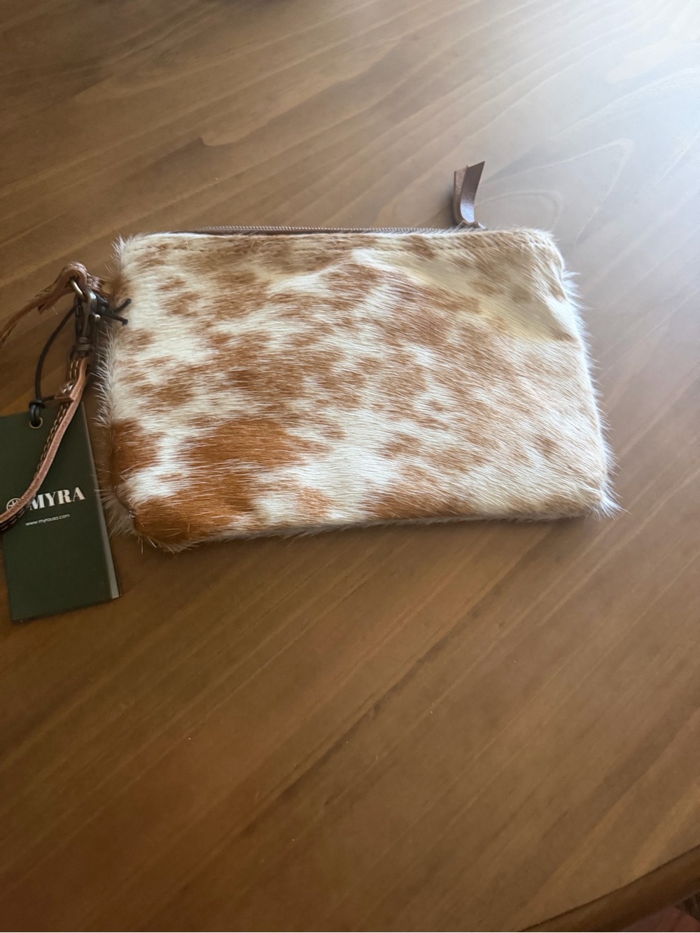 Myra Bag Tan and White Cowhide Wristlet Clutch